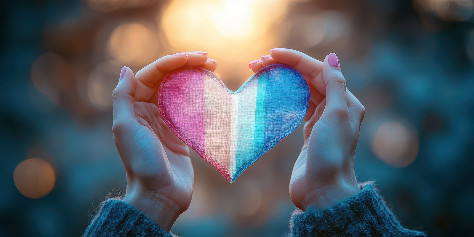 Hands holding a heart-shaped fabric in trans pride colors during a beautiful sunset in an outdoor setting
